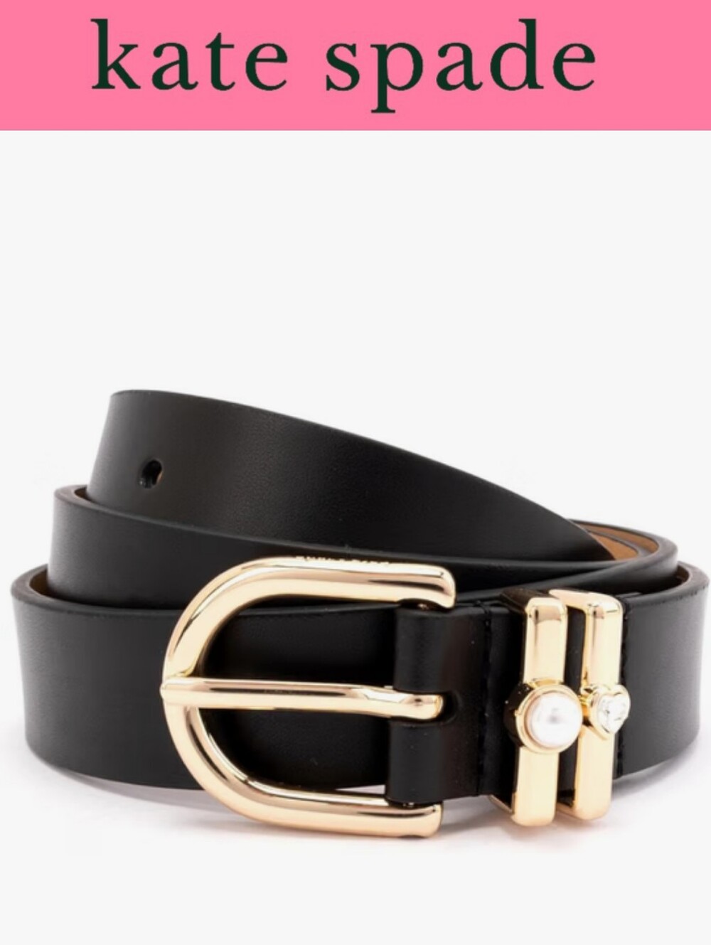 Kate Spade New York Pearl & Heart Keepers  Leather Belt- Black